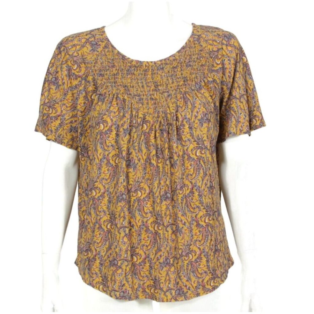 Lucky Brand Mustard Yellow Floral Square Neck Smocked Printed Top Sz S 753 Lucky Brand Mustard Yellow Floral Square Neck Smocked Printed Top Sz S 753